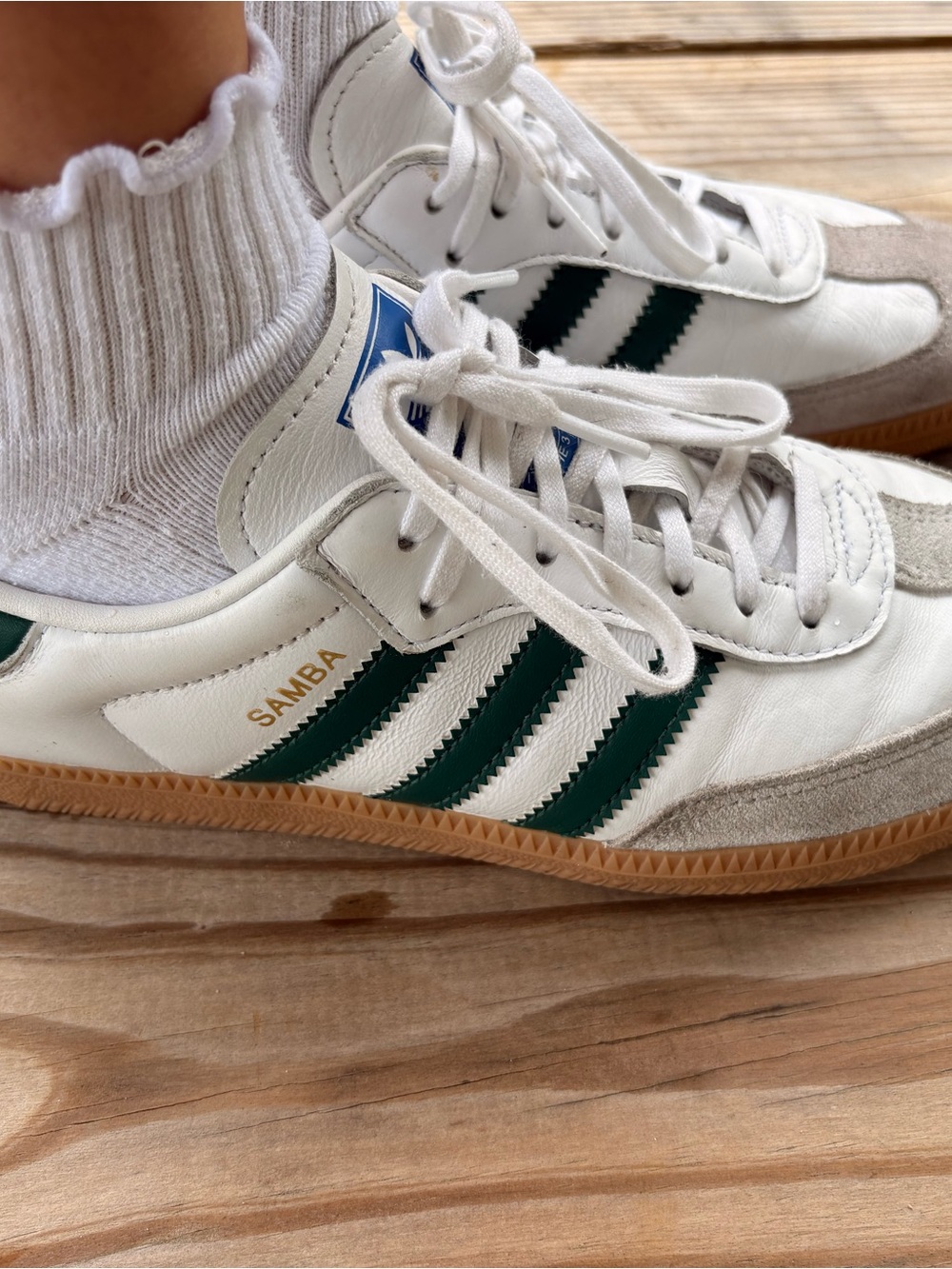 White Leather Adidas Sambas with Green Stripes - Picture 3 of 7